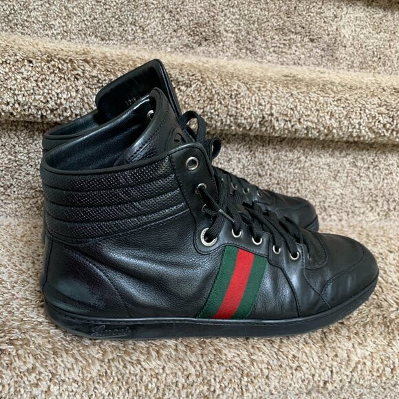 Gucci Men's Black Red/Green Stripe Leather High Tops. - Picture 1 of 14
